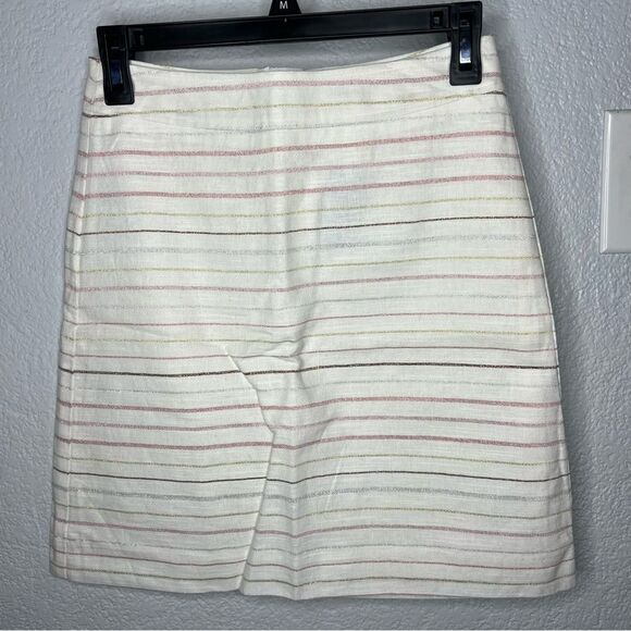 New! LOFT Petite Off White Striped A-Line Short Linen Blend Women’s Skirt SZ 0P - Picture 2 of 12